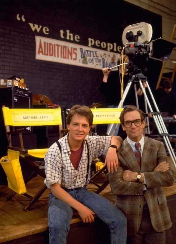 Michael J Fox and Huey Lewis on the set of Back to the Future