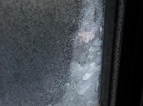 窓の内側の端　結露が凍ってた