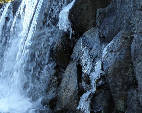 公園の滝　横の岩に氷が付いてる